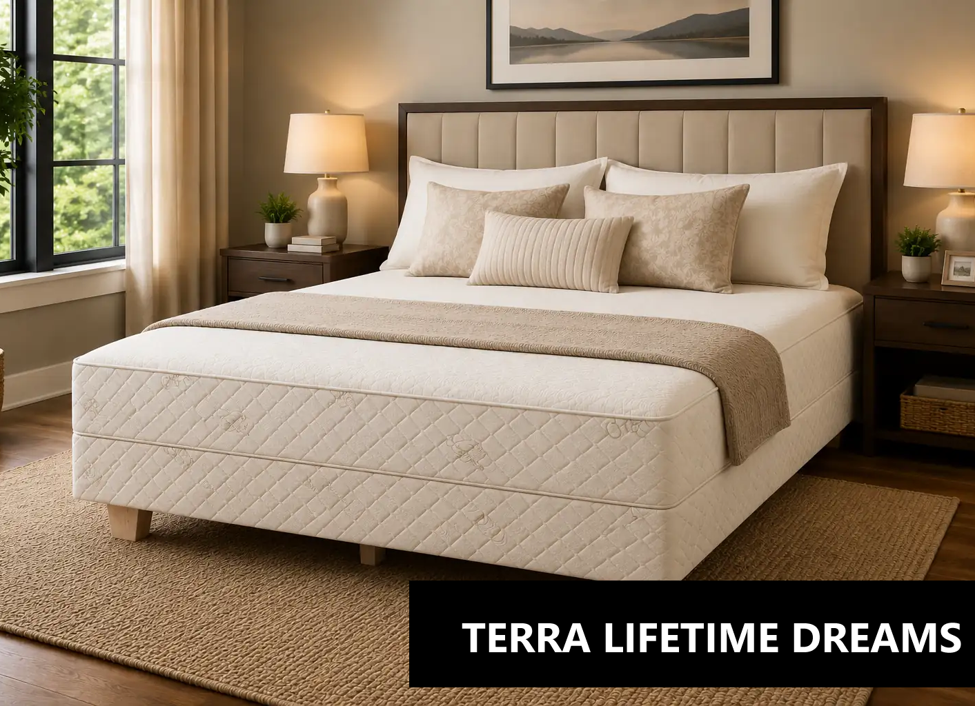 Neutral bedroom with an upholstered headboard bed beige pillows and two nightstands with lamps on either sideThe image shows a calm hotel style master bedroom