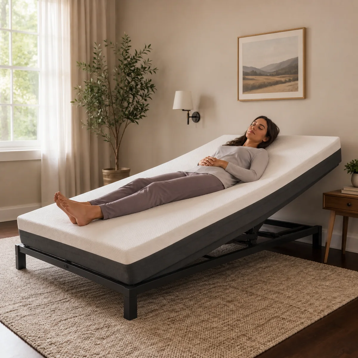 Woman sleeping on a full body Incline 100 foundation in a bedroom
